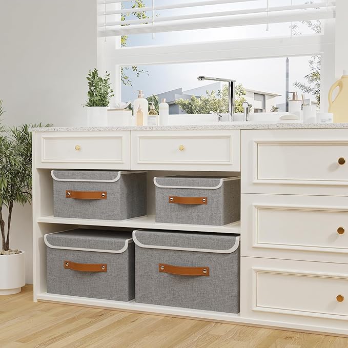 OUTBROS Storage Boxes, Collapsible Storage Bins with Lids, Cotton and linen cloth Storage Baskets with Handle, for Books, Closet, Bedroom, Home, 10.2x7.9x6.7 in, Grey