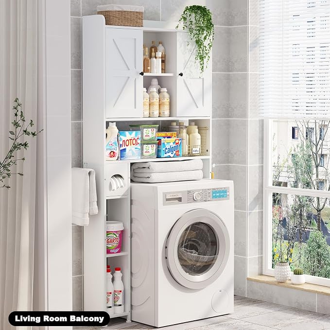 EasyCom Over The Toilet Storage Cabinet with Metal Frame and 7 Storage Shelves, Bathroom Organizer with Adjustable Shelves and Paper Holder, Farmhouse Storage Cabinet for Bathroom, Laundry, White