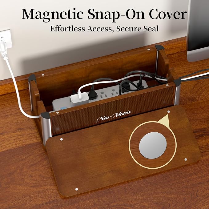 Delamu Wooden Cable Management Box, Retro-Inspired Cord Organizer Box for Home Office, Large Cord Hider Box Hides Floor Cord and Power Strips, Floor Cord Covers, 14.3" x 6.0" x 5.5", Dark Brown