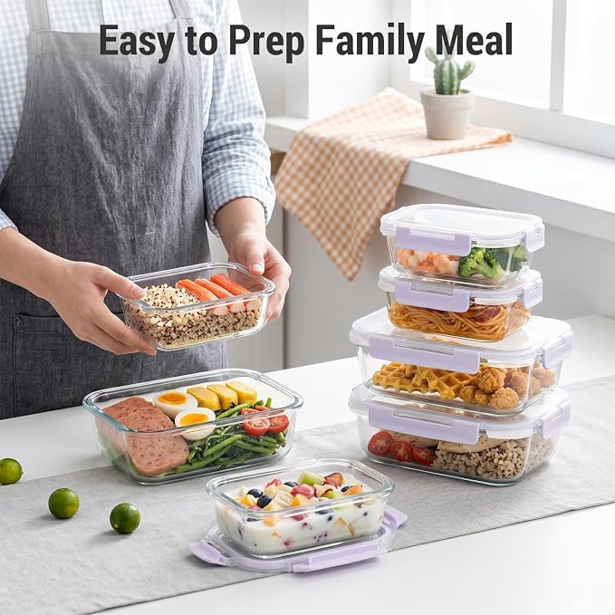 Dealusy 10 Sets (20-Piece) 36 oz & 12 oz Glass Food Storage Containers with lids, Airtight Leak-proof Glass Meal Prep Containers with Lids, Microwave Oven Freezer Dishwasher Safe, Purple