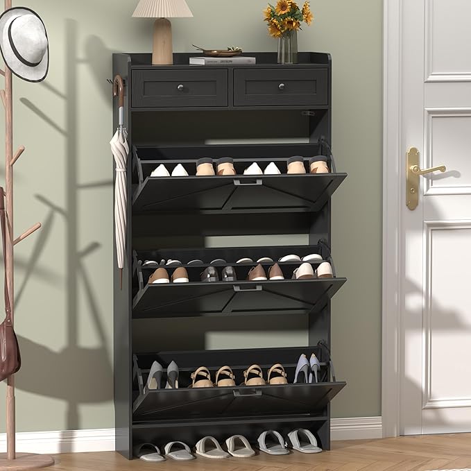 Thacuok Shoe Cabinet with 3 Flip Drawers & 2 Storage Drawers, Rustic Farmhouse Narrow Shoe Organizer Cabinet, Slim Shoe Rack Cabinet, Shoe Storage Cabinet for Entryway, Hallway, Front Door