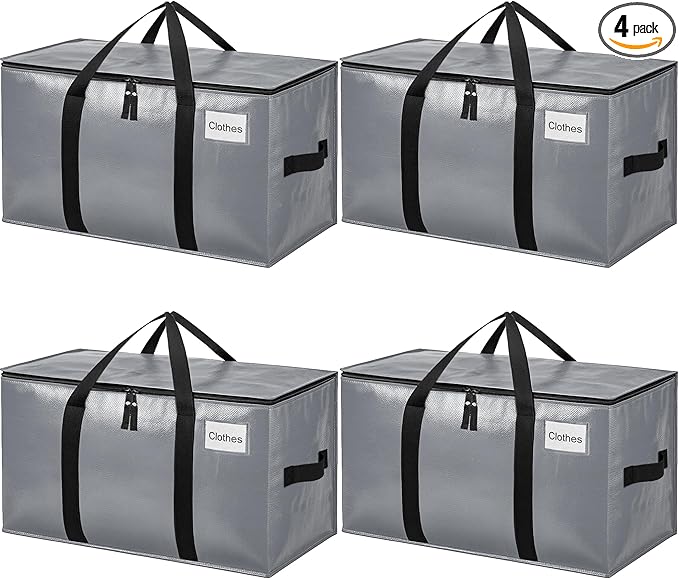 BAGAIL Heavy Duty Moving Bags with Strong Handle, Extra Large Moving Boxes, Storage Tote for Clothes, College Moving Supplies(Grey, 4 Pack)