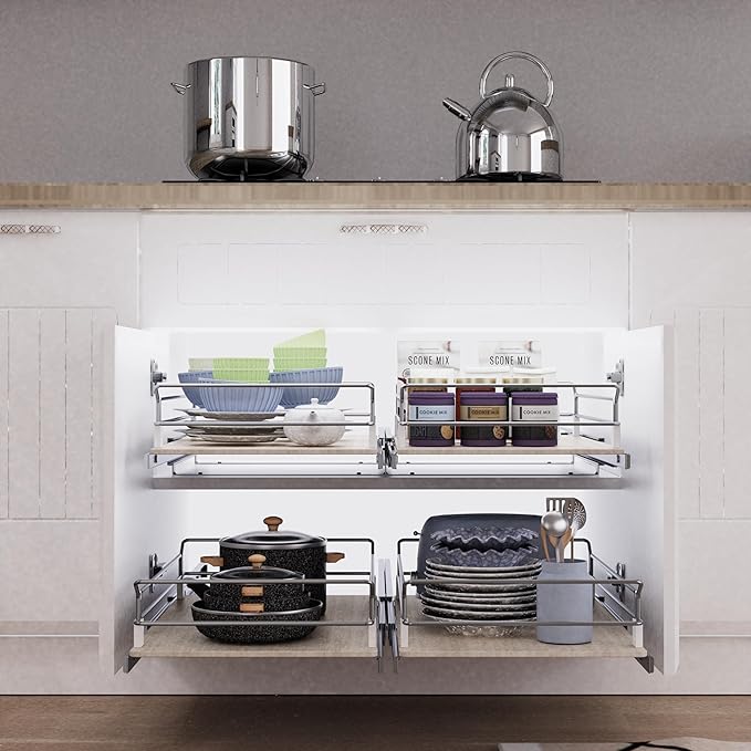 Pull Out Cabinet Organizer 17.45" W X 22" D, Wood & Chromed | Full Slide Out Drawers For Kitchen Cabinets, Cabinets Capacity Heavy Duty Caddy, Cabinet Pullout Shelves , Pantry Storage