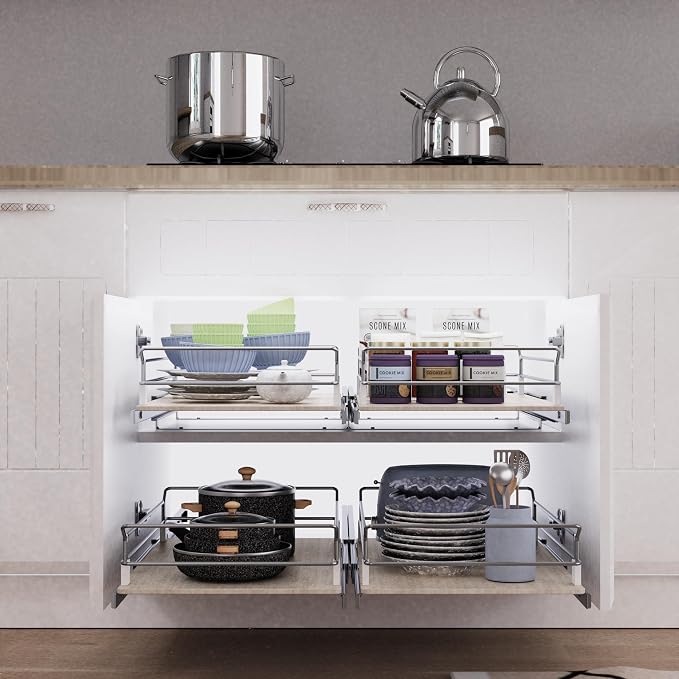 Pull Out Cabinet Organizer 14.45" W X 22" D, Wood & Chromed | Full Slide Out Drawers For Kitchen Cabinets, Cabinets Capacity Heavy Duty Caddy, Cabinet Pullout Shelves , Pantry Storage