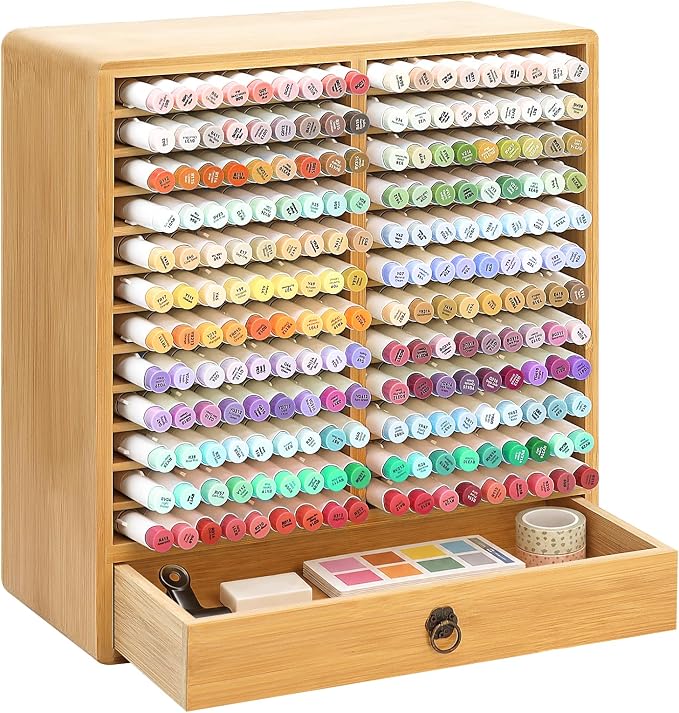 Marker Organizer For 216 Markers, Bamboo Storage Rack With Drawer | 24 Compartments And Pull-Out Drawer For Alcohol Markers, Pens, Art Supplies, Desks, And Craft Rooms
