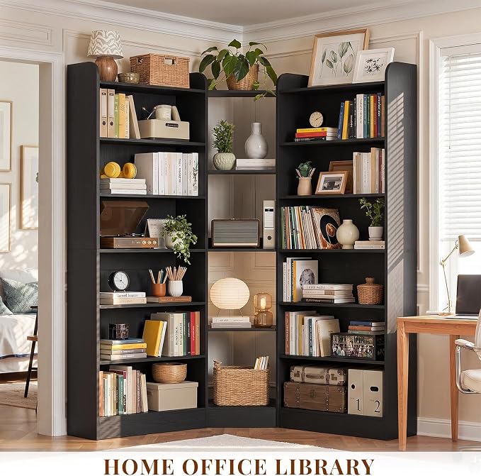 Unikito 71.3" Tall L-Shaped Corner Bookshelf, 7-Tier Bookcase, Black | Asymmetric etagere bookcase with baffle, freestanding storage organizer display shelf stand for home office, living room.