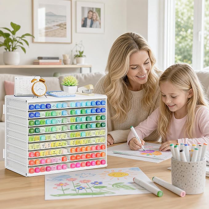 Marbrasse Mesh Marker Organizer, 9-Tier Rack Holds 126 Markers, White | Marker Holder, Space-saving Vertical Design, Desktop Storage for Office Classroom & Home Art Supplies