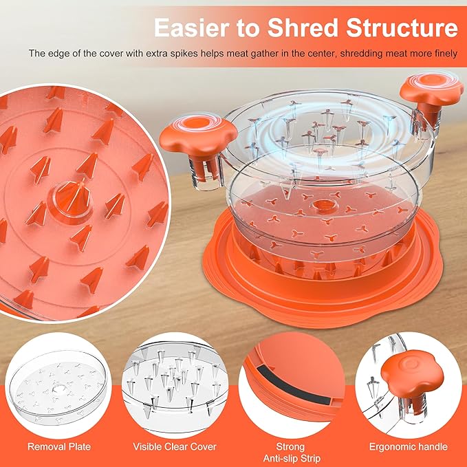 Chicken Shredder with Removable Plate - Manual Meat Shredder Tool with Transparent Lid & Cleaning Brush, Dishwasher Safe Kitchen Gadget for Shredding Chicken, Pork, Beef, Pulled Pork(Orange)
