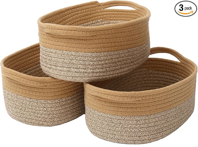 JMvicyroam Woven Basket,Small Rope Storage Bin with Handles & Ribbon Bag, Organizer for Shelves Closets,Gift Basket Empty for Birthday,Books,Dog Toys, Jute&Brown/3 Pack