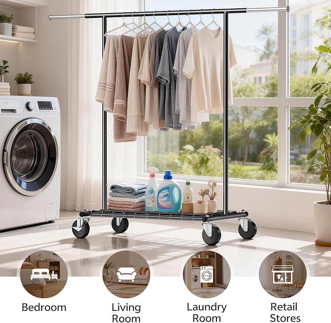 Heavy Duty Clothes Rack for Bedroom - Load 420 LBS - Rolling Clothing Rack for Hanging Clothes with Lockable Wheels & Shelves - Extendable Garment Rack for Closet Laundry - Black