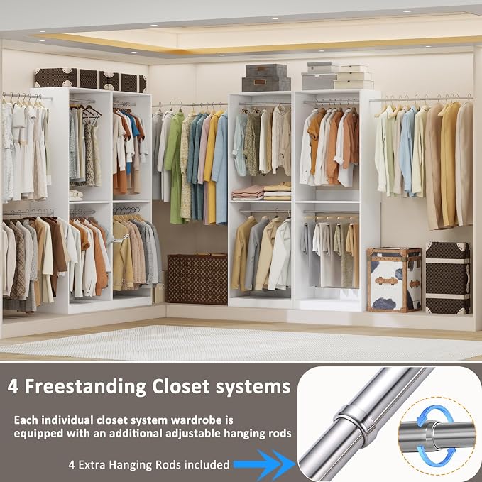 Closet System, 8FT-21FT Wood Closet Organizer System | Closet Storage System with 12 Hanging Rods, 81" Tall Modular Closet System, Standalone Walk In Closet System,Set of 4, White