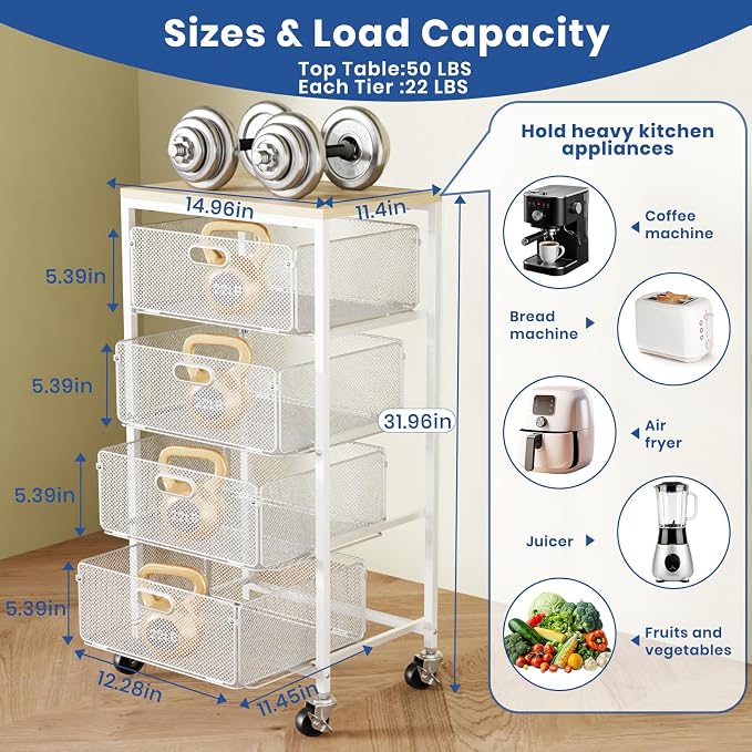 Goovilla Kitchen Cart with Drawers, 4 Tier Metal Rolling Utility Cart Organizer on Lockable Wheels with Wooden Top, White Fruit Vegetable Storage Rack Also for Cans, Snack, Craft, Art, Office, Beauty