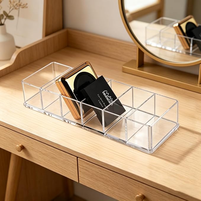 6-Compartment Clear Acrylic Organizer with Detachable Dividers, Eyeshadow Palette & Cosmetic Holder for Vanity Drawer, Cosmetic Station & Makeup Desktop