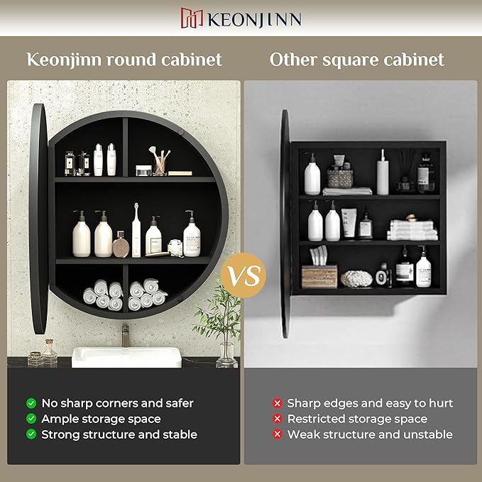 Keonjinn 20 Inch Round Medicine Cabinet with Mirror, Black Medicine Cabinet with Mirrors, Circular Surface Mount Medicine Cabinets, Framed Farmhouse Bathroom Cabinet with Adjustable Shelves