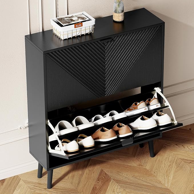 oakvivo Shoe Cabinet Storage, Farmhouse Freestanding Organizer with 2 Flip Drawers and 4 Wooden feet, Narrow Shoe Rack Cabinet for Entryway, Foyer, Hallway, Black