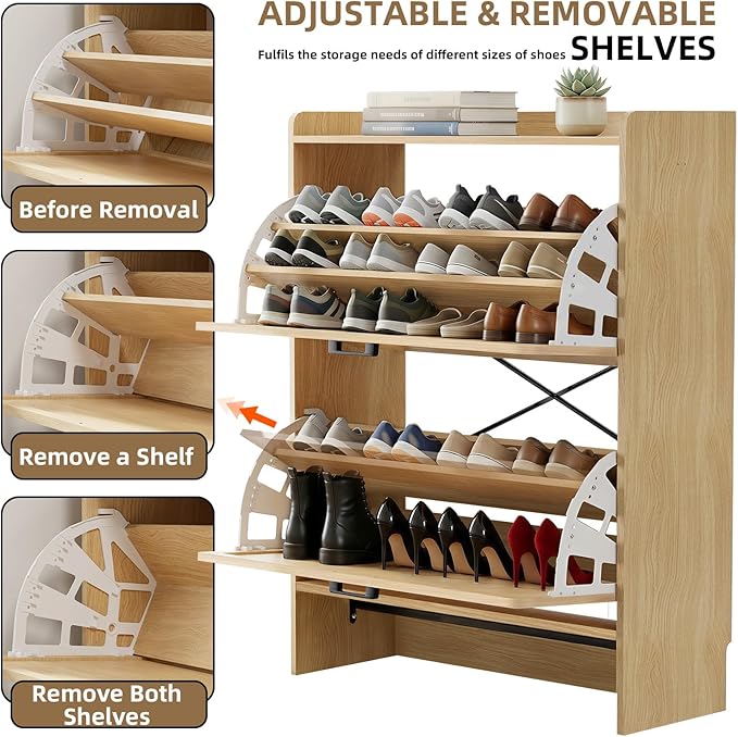 Shoe Storage Cabinet for Entryway, 2 Flip Drawers with 3-Tier Rack Each, 6-Layer Total Storage, Narrow Shoe Cabinet with Linen Panel, Slim Wood Shoe Organizer Closed Shoe Rack for Hallway,Small Spaces