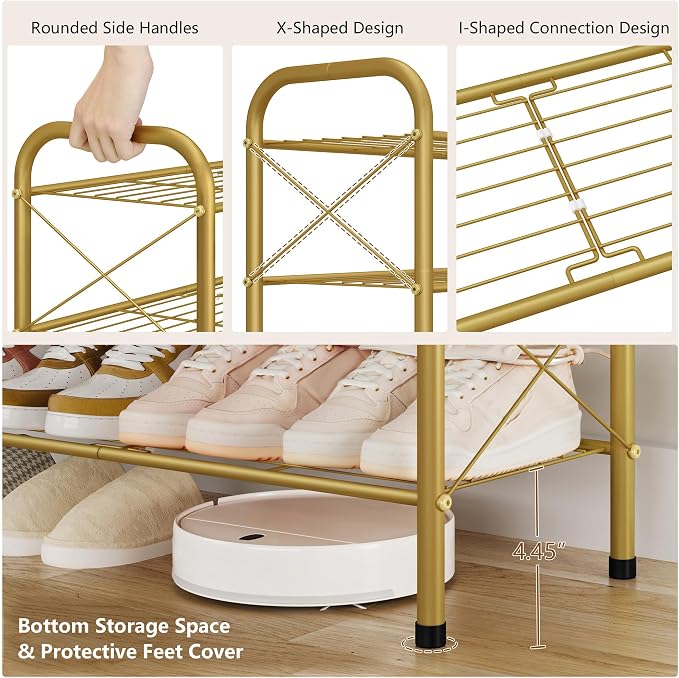 Hoctieon 2 Tier Shoe Rack for Closet, Durable Mesh Style Shoe Rack, Entryway Shoe Shelf, Shoe Storage Organizer for Hallway, Bedroom, Living Room, Wardrobe, Gold