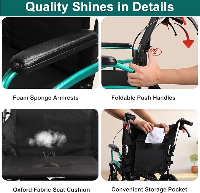 Wheelchairs for Adults,Lightweight Transport Wheelchair with Swing-Away Footrests,Foldable and Portable Travel Wheelchair for Adults adnd Seniors(Green)