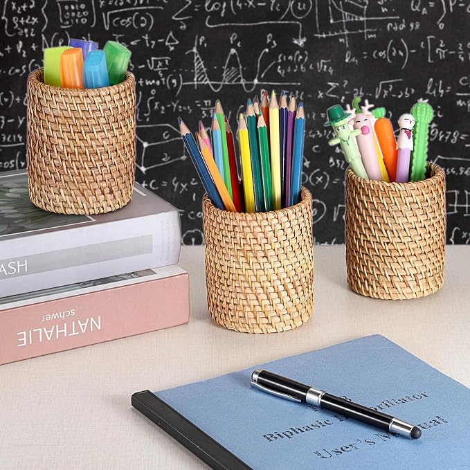 BTSKY 3 Pack Rattan Pen Cup, Handmade Desk Pencil Holders Makeup Brush Holder Multi-Functional Woven Basket Office&Home Desktop Organizer (Cylinder)