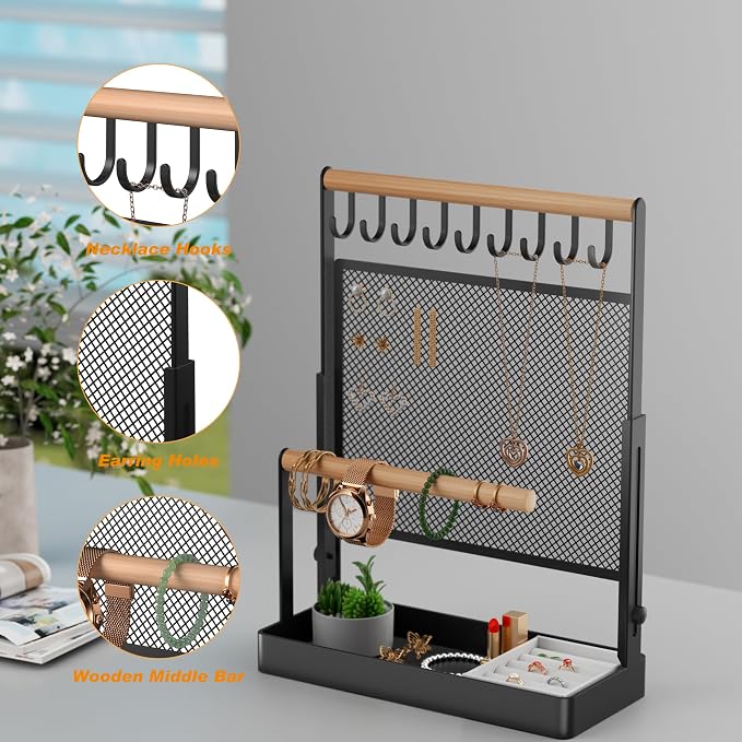 Jewelry Organizer Stand with Velvet Ring Holder, Liftable Necklace Holder with Earring Organizer Net, 9 Hooks Necklaces Storage Wooden Handing Bar for Bracelets Watches Rings (Black)