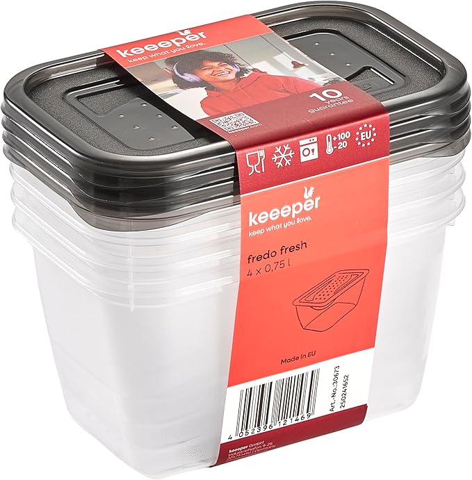 keeeper Fredo Fresh Food Storage Containers Set of 4, 4 x 0.75 L, Crystal Grey (Transparent)