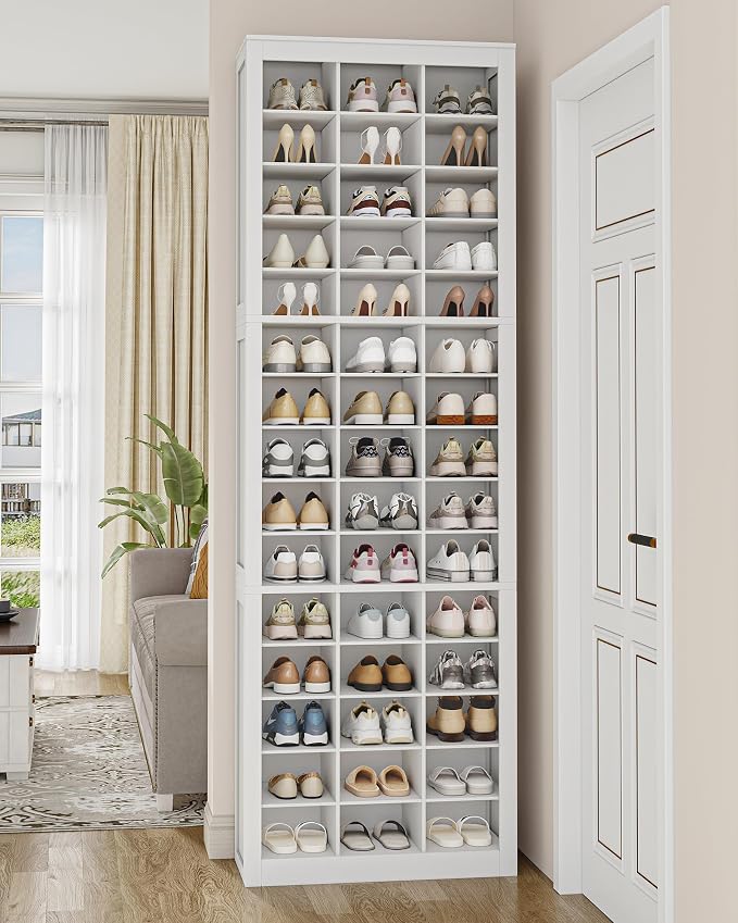 Hzuaneri Shoe Storage Cabinet, 45 Pairs Free Standing Closet Organizer, 9 inch Widened Cell Wood Shoe Organizer, 15 Tiers Vertical Space Saving Shoe Rack for Entryway, Cloakroom, White SR30703X