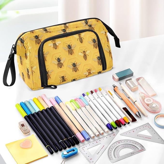 Pencil Case Yellow Bee Honey Large Capacity Pencil Pouch Portable Pen Bag Aesthetic Bag Stationery Storage and Organizer for School Teen Girls Boys