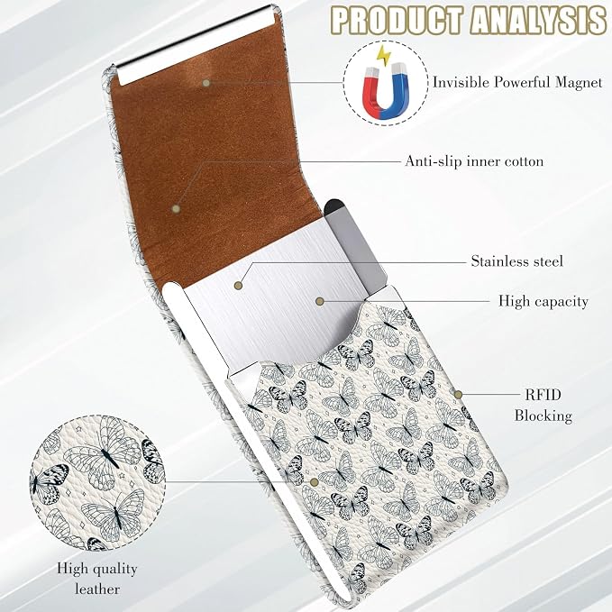 2Pack Leather Stainless Steel Business Card Holder, Metal Slim Business Card Case for Women or Men, Pocket Business Card Carrier with Prints, Magnetic Closure, RFID Blocking