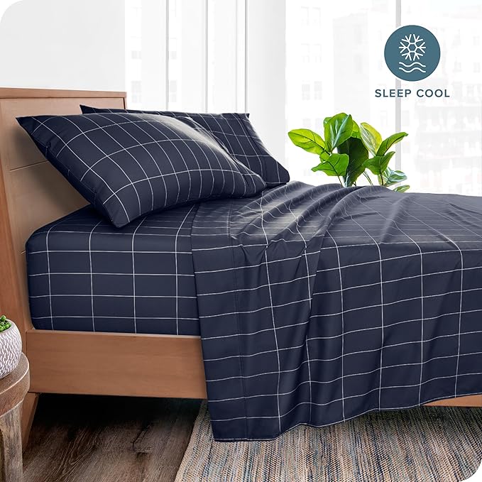 Bare Home Queen Sheet Set - Luxury 1800 Ultra-Soft Microfiber Bed Sheets - Double Brushed - Deep Pockets - Easy Fit - 4 Piece Set - Bedding Sheets & Pillowcases (Queen, Grid - Midnight/White)