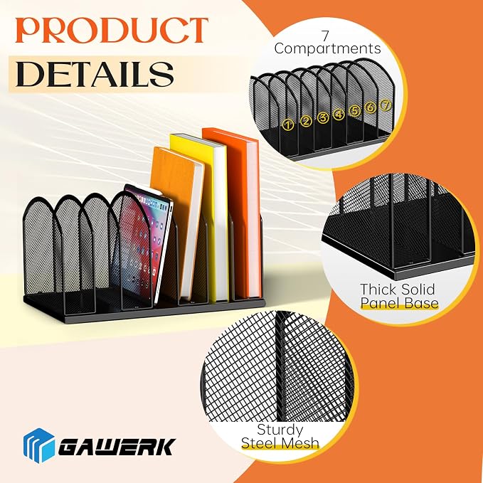 2 Pack 7-Section Metal Upright File Sorter Organizer，Office Small Letter Sorter Desktop File Organizer Metal Mesh Iron Sole, Black