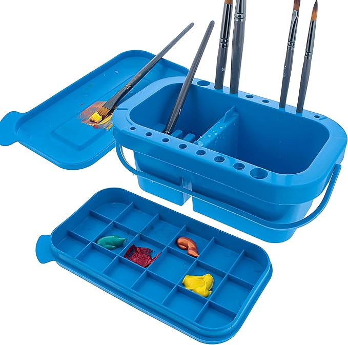 U.S. Art Supply 16-Hole Plastic Paint Brush Cleaner Washer & Paint Brush Holder with Palette Lid for Acrylic, Watercolor & Oil Paints