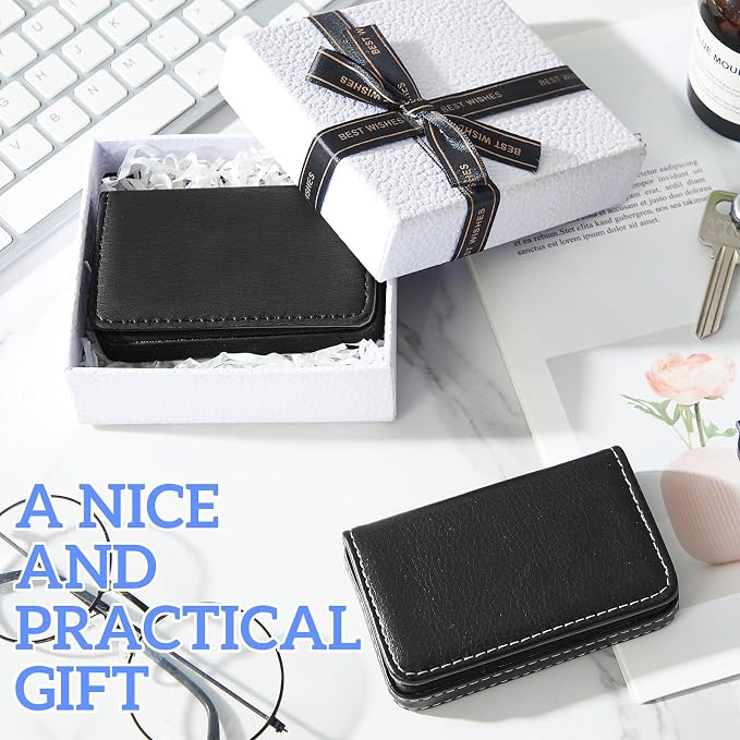 Outus 2 Pcs Business Card Holder, PU Leather Business Card Case Pocket Wallet with Magnetic Shut for Valentines Gift Adult(Black)