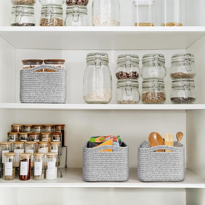 Goodpick Storage Baskets, Storage Bins for Shelves Gift Baskets Empty Small Toy Baskets Baby Rope Basket Woven Basket for Towels for Decor 3 Pack, White & Gray, 13 x 8 x 5 in