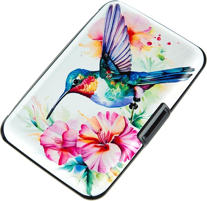 Credit Card Holder, Metal Card Wallet RFID Blocking Mini Slim Aluminum Business Hard Card Case for Women Men (Flowers Hummingbird)