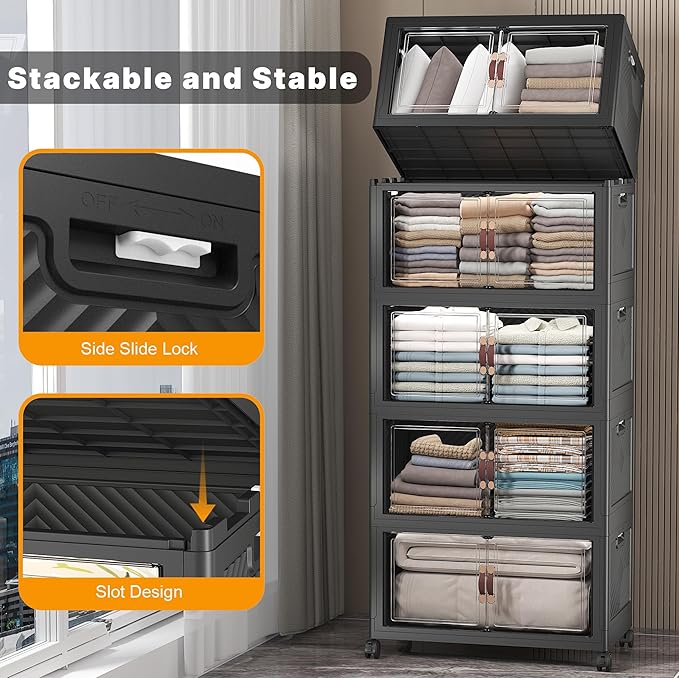 UAMFURI Stackable Storage Bins with Lids, Extra Large Plastic Organizer Cabinet Drawers, 560QT Collapsible Closet Containers with Doors and Wheels,For Bedroom, Kitchen, Office, Garage,(5Pack Cube)