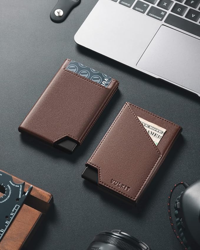 VULKIT Pop up Card Wallet RFID Blocking Slim Aluminum Metal Bank Card Holder Case with Business Money Pocket for Credit Cards Notes and Coins (Espresso)
