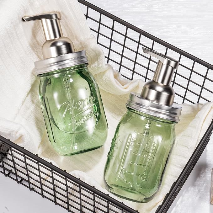 Amolliar Green Glass Mason Jar Foaming Soap Dispenser, 16OZ Hand Soap Dispenser, Plastic Pump & Stainless Steel Lid & Lable, Kitchen Dish Soap Bathroom Accessories Set, Soap Pump Bottle, Silver 1 Pack