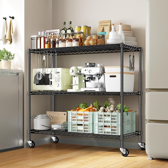 DurayLoly 3 Tier Metal Shelving Unit Adjustable Storage Shelves,Heavy Duty Shelf with Wheels for Kitchen,Office,Bathroom,Easy Assembly Wire Shelving for Laundry,Garage,45" W x 17.7" D x 41" H,Black.