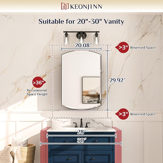 Keonjinn Black Medicine Cabinet with Mirror 20” x 30”, Metal Framed Wall Cabinet with Beveled Mirror, Surface Mount or Recessed Arched Medicine Cabinet for Bathroom,Bathroom Mirror with Storage