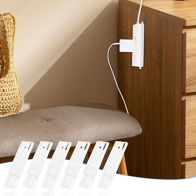 6 Pcs Power Strip Holder, Self-Adhesive Socket Holder for Wall & Desk, Punch-Free Surge Protector Mount, Space Saving Cable Management for Home, Kitchen & Office (White)