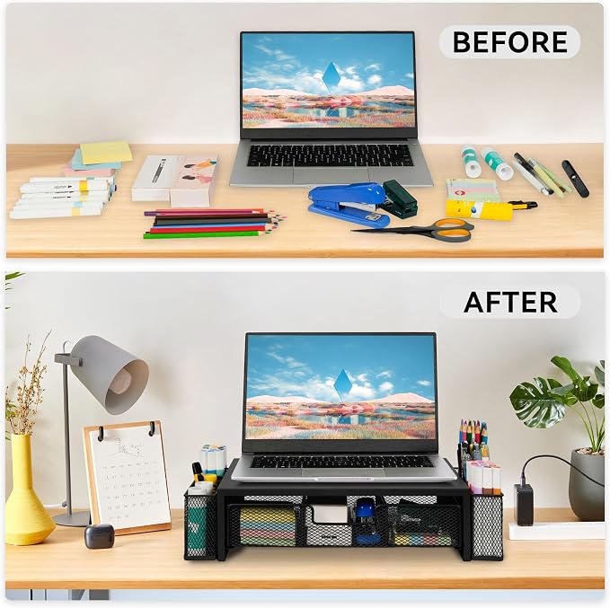Qupui Computer Monitor Stand Riser with Drawer and Pen Holders, Desk Organizer Shelf and Accessories, Office Desk Accessories, Office Organization, Black
