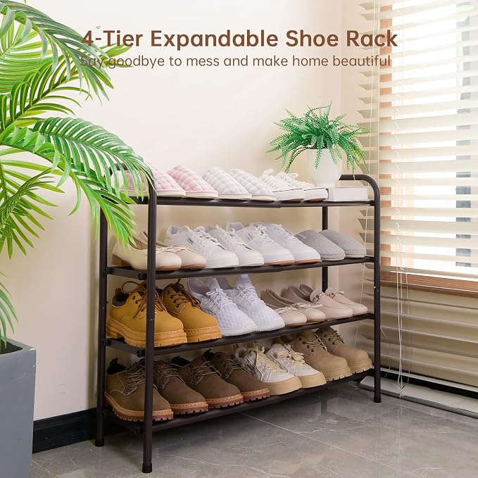 Gonfoam Expandable 4-Tier Shoe Rack for Closet and Entryway, Bronze | Tool-Free Assembly, Metal Material, Adjustable Shoe Organizer, Sturdy, Small Space Solution, Dorms, Garages, Apartments.