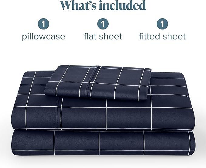 Bare Home Twin XL Sheet Set - College Dorm Size - Luxury 1800 Ultra- Soft Double Brushed Microfiber - Deep Pockets - Easy Fit - 3 Piece Bedding Sheet Set (Twin XL, Grid - Midnight/White)