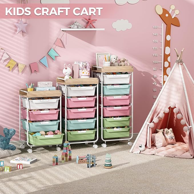 Utility Cart with Drawers,Craft Cart with 5 Drawers,Art Supply Organizer,Rolling Drawer Cart,Craft Storage Cart,Storage Drawer Carts With DIY Lable and Wooden Tabletop Area,Colorful