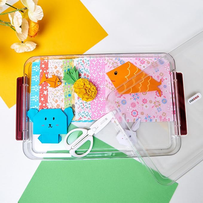 CATOOMUU 3-Pack 9x13 Shallow Flat Clear Plastic Project Case Storage Box | Stackable portable file boxes, organizer container for letter A4 paper, photos, documents, scrapbook, craft, art supplies
