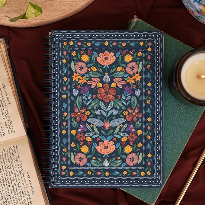 Steel Mill & Co Cute Mini Spiral Notebook, 8.25" x 6.25" Journal with Durable Hardcover and 160 Lined Pages (Folk Floral Multi)