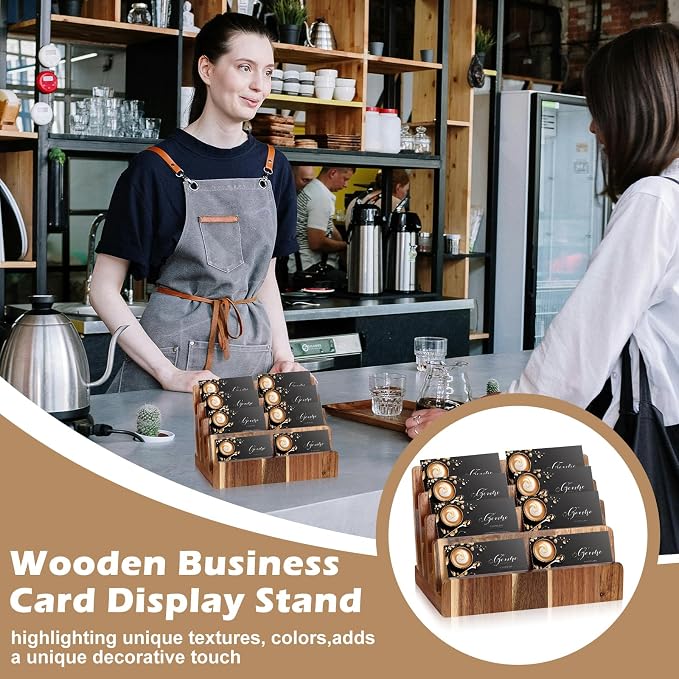 DLUGOPIS 4 Tier Acacia Wood Business Card Holder Desktop Business Card Display Stand Multiple Wood Business Card Organizer Gift Card Display Rack Pamphlet Display Stand for Exhibition Home Office