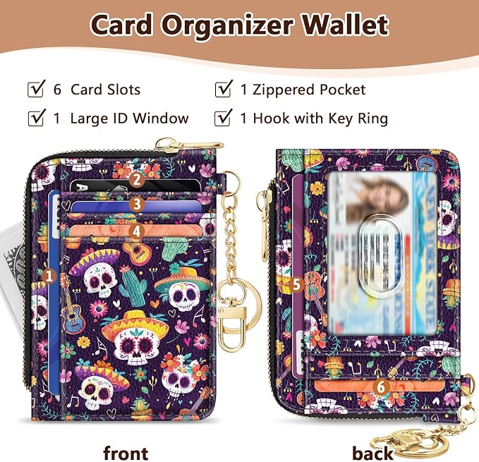 GIANCOMICS Slim Wallet Credit Card Holder Women, Sugar Skull Rfid Blocking Small Card Case, Keychain Thin Pocket Curved Zipper Wallet, Travel Card Holder PU Leather ID Window, Ladies Female Gifts