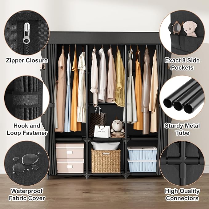Wardrobe Closet Portable Closets for Hanging Clothes Large Capacity Clothes Rack with Cover, 3 Hanging Rods, 6 Shelves and 8 Pockets, Strong and Stable Free Standing Closet for Bedroom, Black