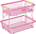 2 Tier Fruit Basket for Kitchen Counter with 2 Banana Hangers, Countertop Metal Fruit Bowl with Wooden Handle, Large Storage Stand for Vegetables, Snacks, Breads, Produce Storage – Rose Pink
